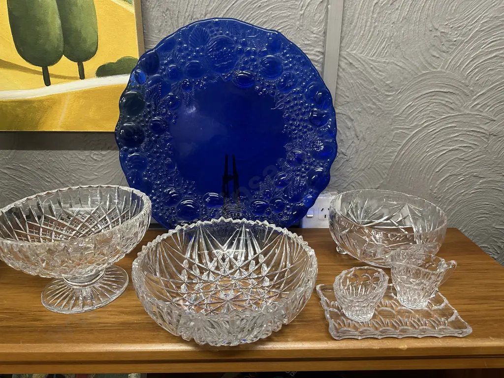 Colbalt Blue Glass Round Platter, Assorted Crystal Bowls Etc (as found) Image 1++