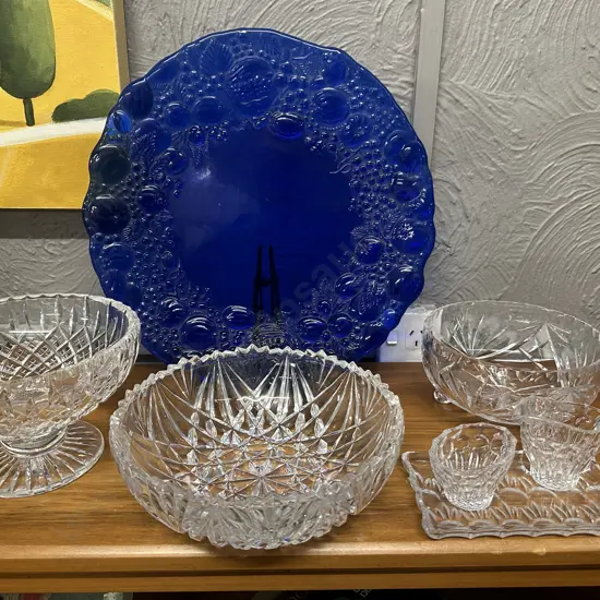 Colbalt Blue Glass Round Platter, Assorted Crystal Bowls Etc (as found)