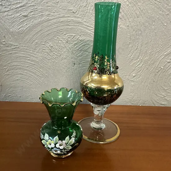 Murano Green Glass Floral Vase With Bohemian Style Green Glass Bud Vase