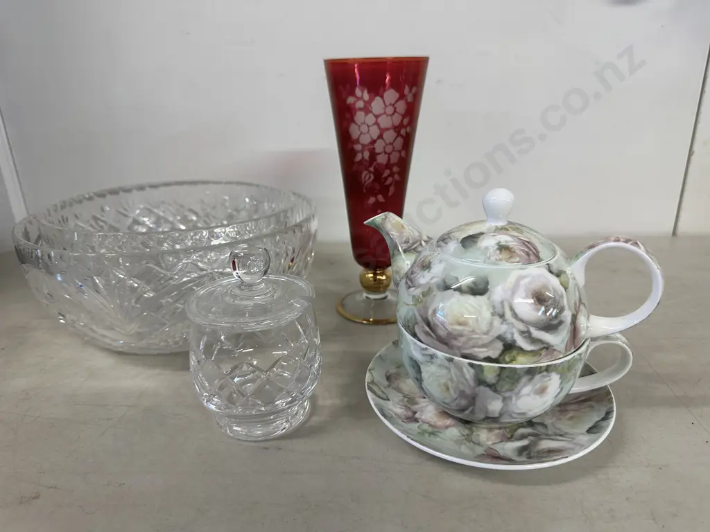 Vintage Stuart Crystal Canister, Bowls, Cranberry Glass Bud Vase & Maxwell Willams Misty Rose Tea For One Image 1++