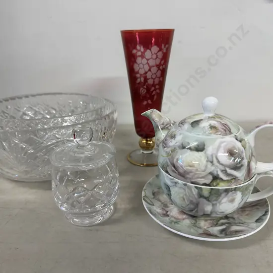 Vintage Stuart Crystal Canister, Bowls, Cranberry Glass Bud Vase & Maxwell Willams Misty Rose Tea For One