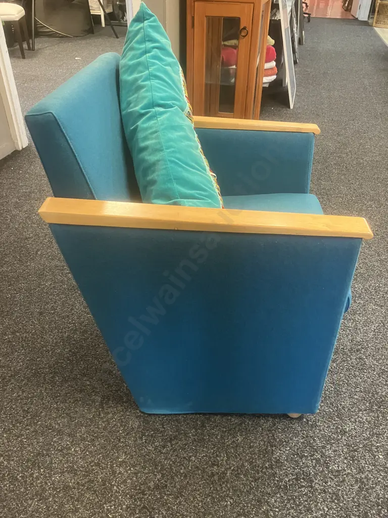 Teal Armchair With Wooden Capped Armrests & Cushion Image 1++
