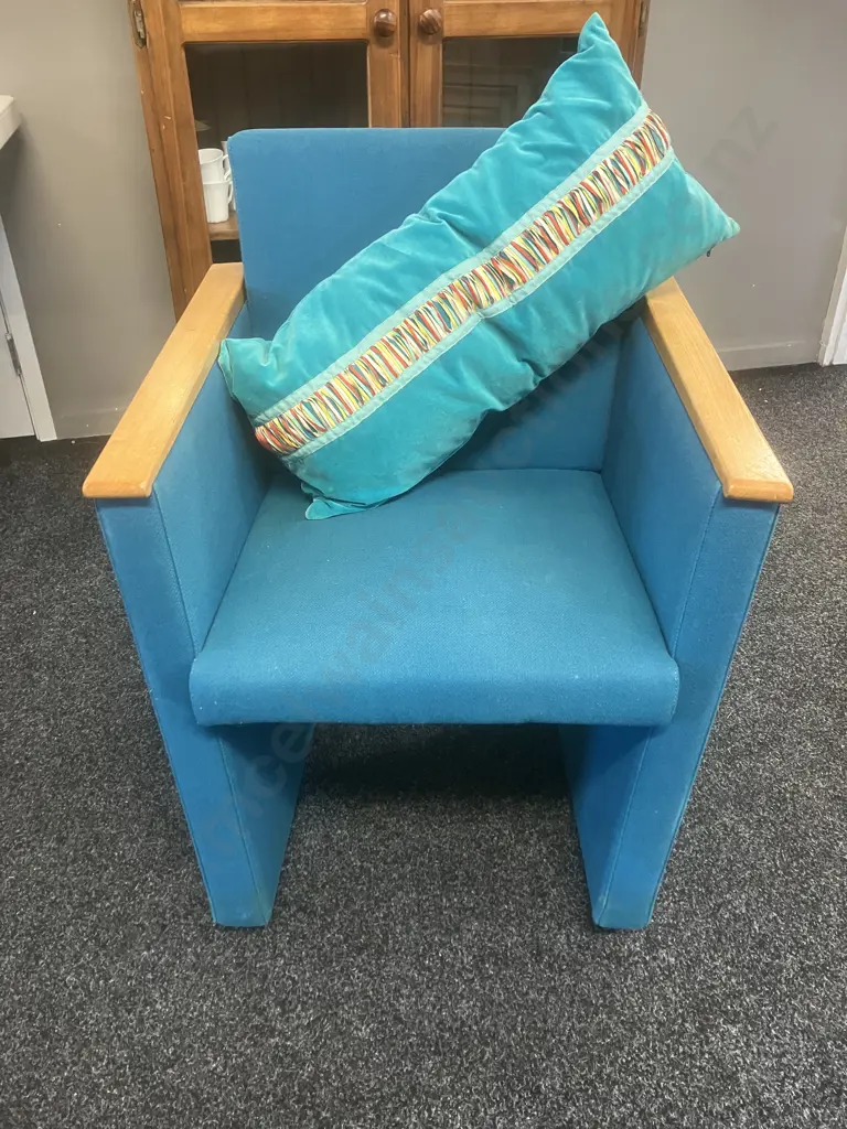 Teal Armchair With Wooden Capped Armrests & Cushion Image 1++