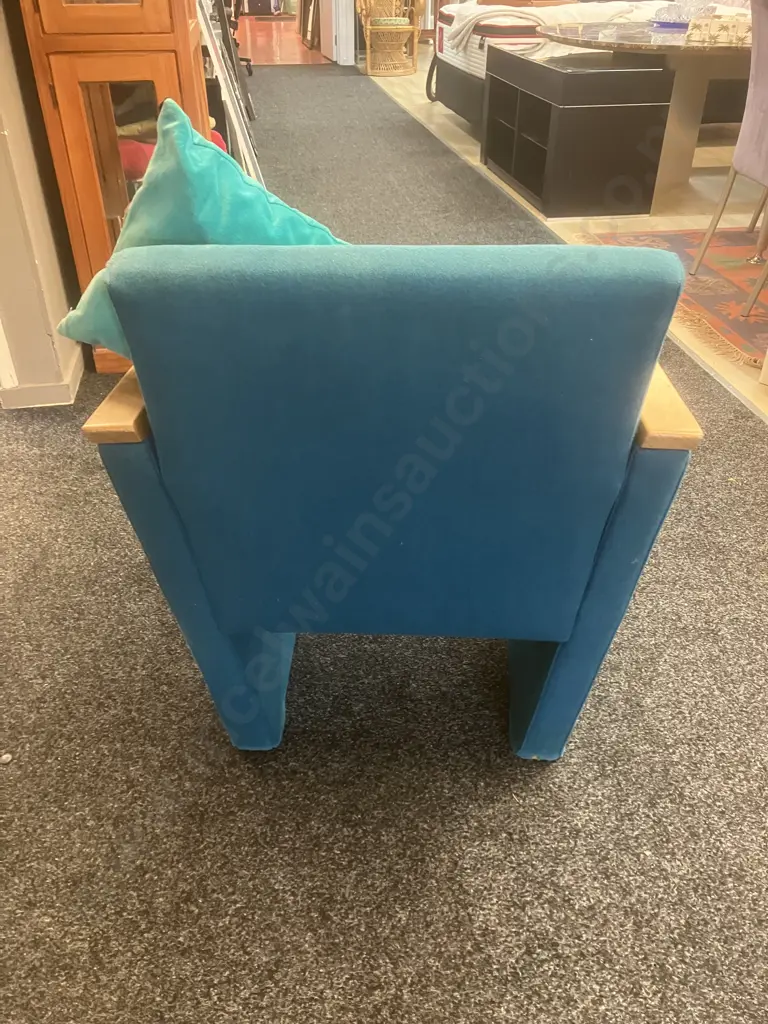 Teal Armchair With Wooden Capped Armrests & Cushion Image 1++