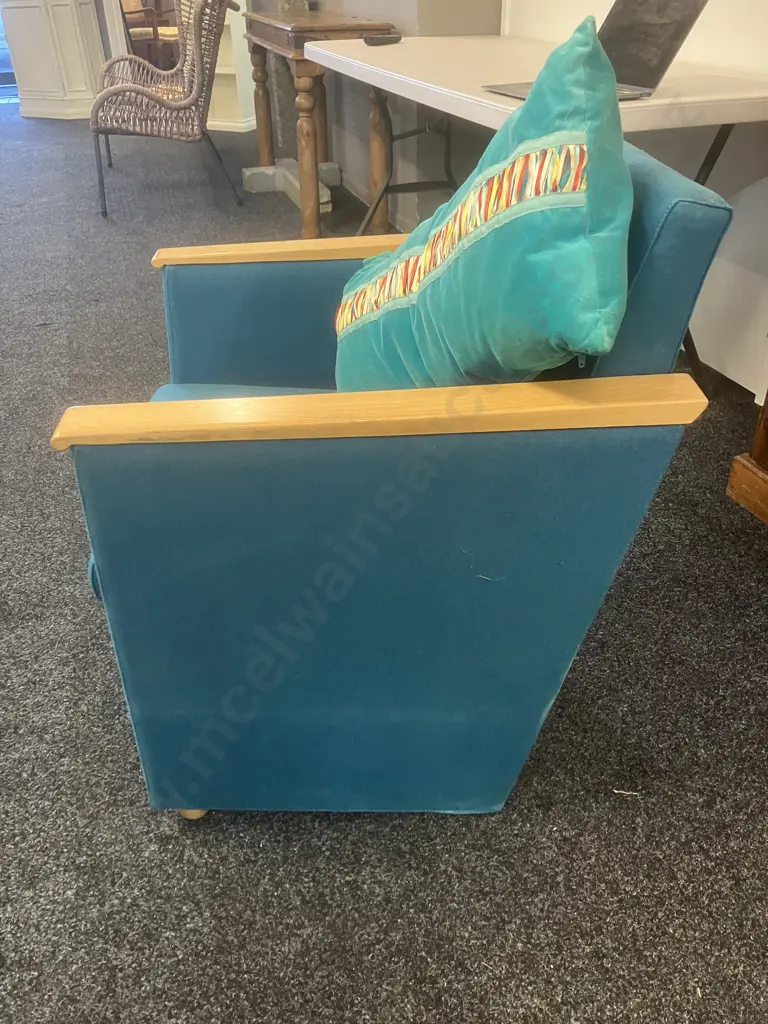 Teal Armchair With Wooden Capped Armrests & Cushion Image 1++