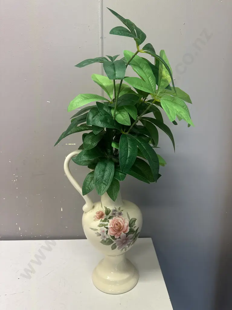 Vintage Cream Ceramic Jug With Floral Detail & Faux Leaves Image 1++