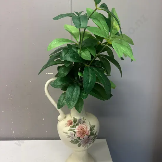 Vintage Cream Ceramic Jug With Floral Detail & Faux Leaves