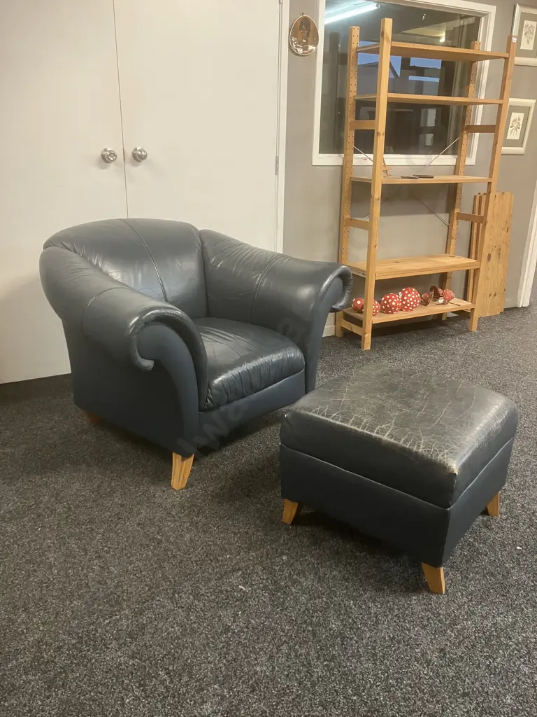 Danske Mobler Verona Midnight Blue Leather Armchair, Rolled Arms, With Footstool Image 1++