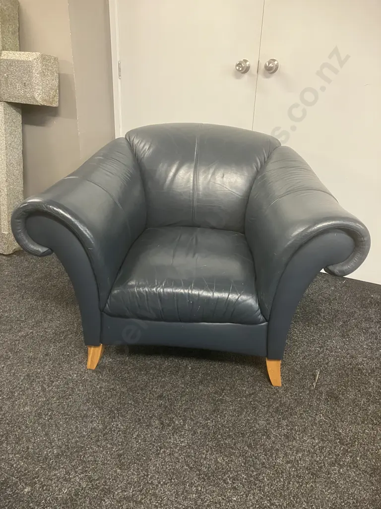Danske Mobler Verona Midnight Blue Leather Armchair, Rolled Arms, With Footstool Image 1++