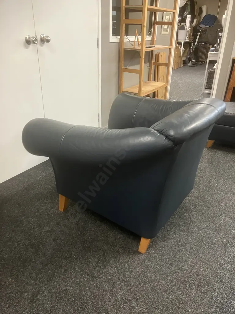 Danske Mobler Verona Midnight Blue Leather Armchair, Rolled Arms, With Footstool Image 1++
