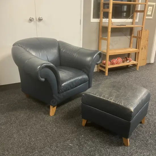 Danske Mobler Verona Midnight Blue Leather Armchair, Rolled Arms, With Footstool