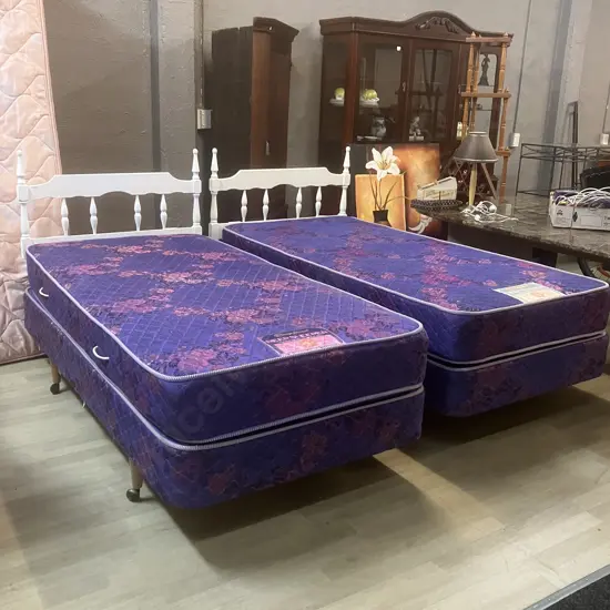 Pair of Single Sleepyhead Deep Sleeper Beds With White Colonial Style Headboards