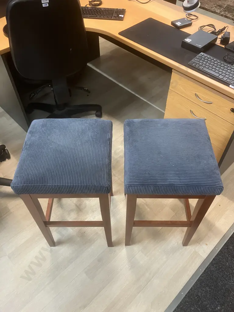 Pair of Wooden Barstools With Blue Fabric Seats. H67cm Image 1++