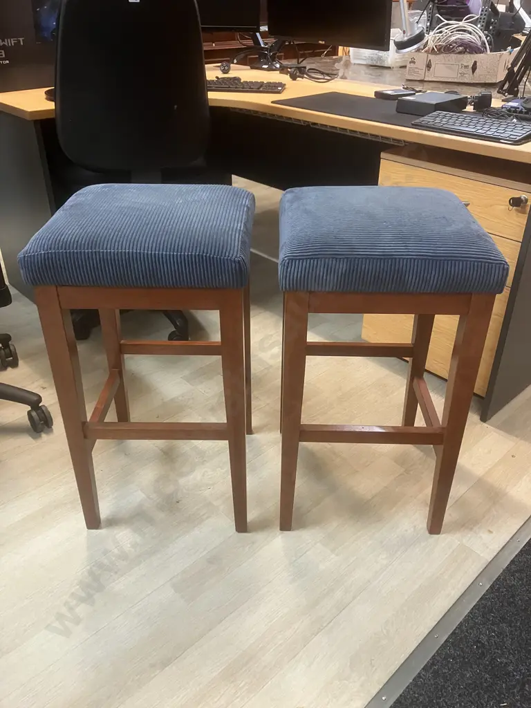 Pair of Wooden Barstools With Blue Fabric Seats. H67cm Image 1++