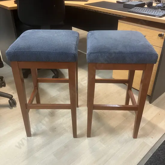 Pair of Wooden Barstools With Blue Fabric Seats. H67cm