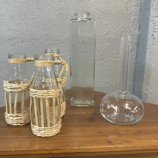 Selection Of Glass Items Including 3x Bottles With Woven Detail Etc