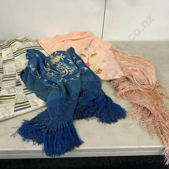 Blue Embroided Silk Shawl, Kimono & Scarf