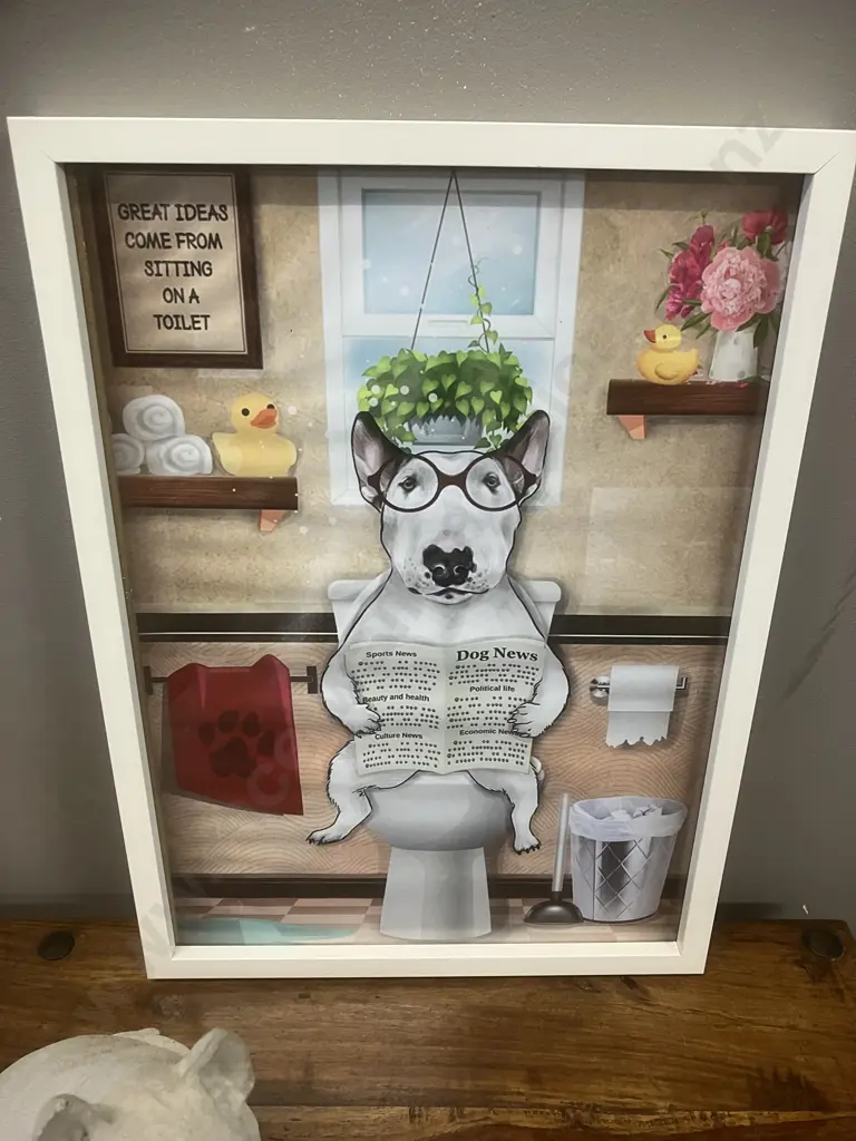29 x 22cm Bull Terrier Concrete Figurine & Framed Poster Print 44 x 32cm Image 1++