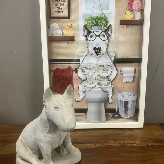 29 x 22cm Bull Terrier Concrete Figurine & Framed Poster Print 44 x 32cm