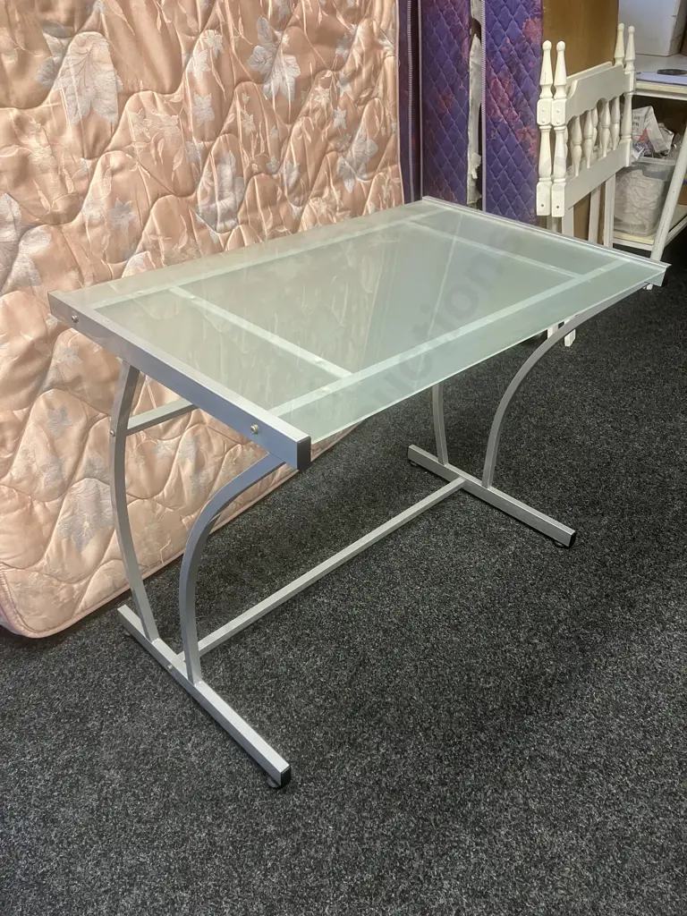 Glass Topped Desk With Grey Steel Frame. H73.5 W94 D60.5cm Image 1++