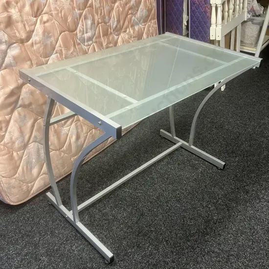 Glass Topped Desk With Grey Steel Frame. H73.5 W94 D60.5cm