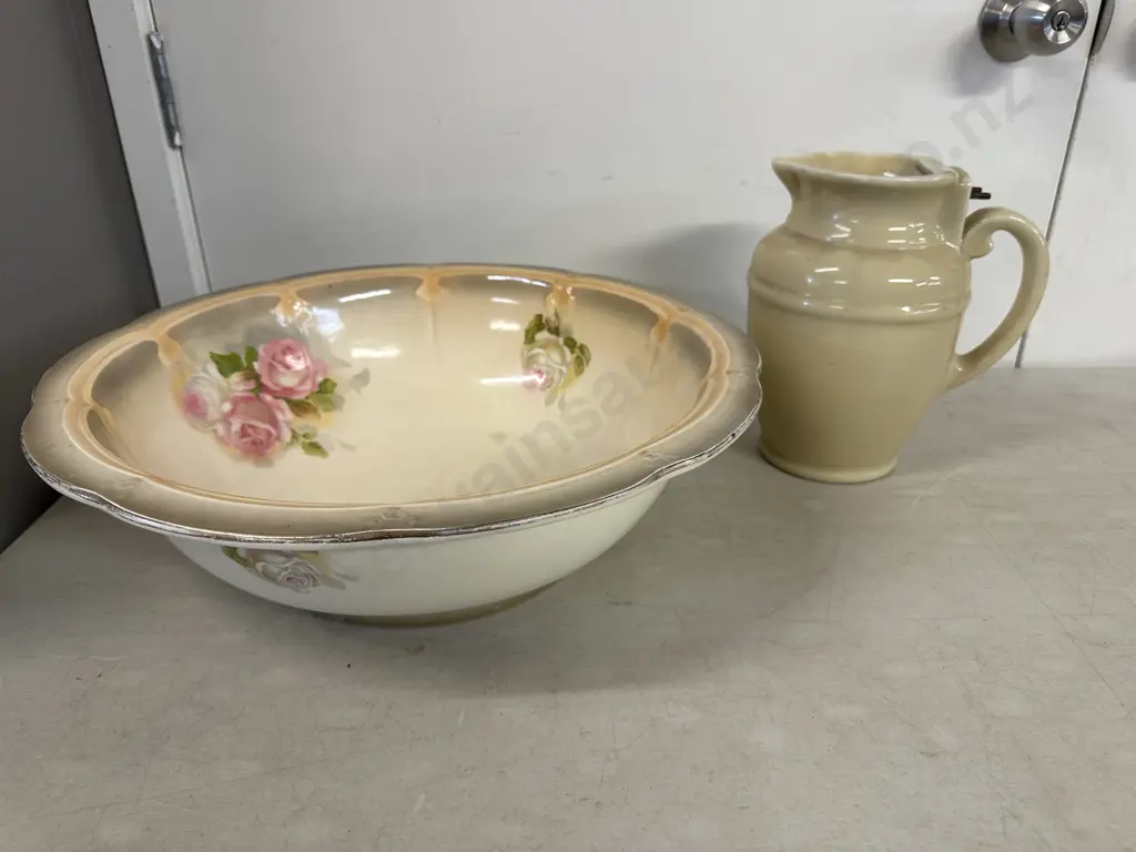 Large Antique Bowl & Vintage Ceramic Jug (as found) Image 1++