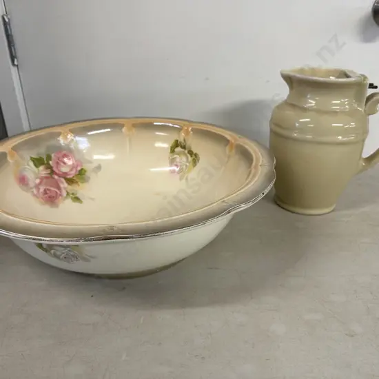 Large Antique Bowl & Vintage Ceramic Jug (as found)
