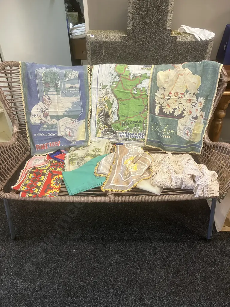Vintage Anchor Butter Advertisement Tea Towels With Crochet Edges, Assorted Tea Towels Etc Image 1++