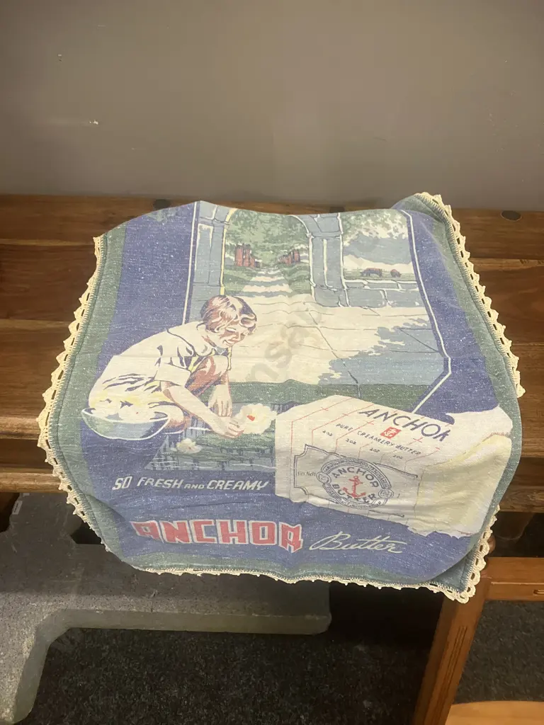 Vintage Anchor Butter Advertisement Tea Towels With Crochet Edges, Assorted Tea Towels Etc Image 1++