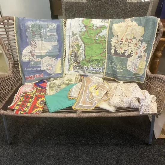 Vintage Anchor Butter Advertisement Tea Towels With Crochet Edges, Assorted Tea Towels Etc