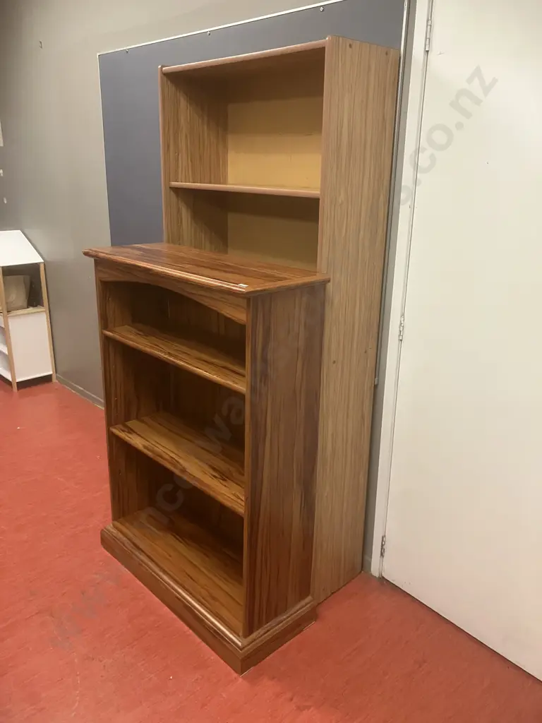 Pair of Rimu Effect Bookcases - 6 Shelf . H180 W80 D30.5cm & 4 Shelf (Loose Back). H120 W85 D32.5cm Image 1++