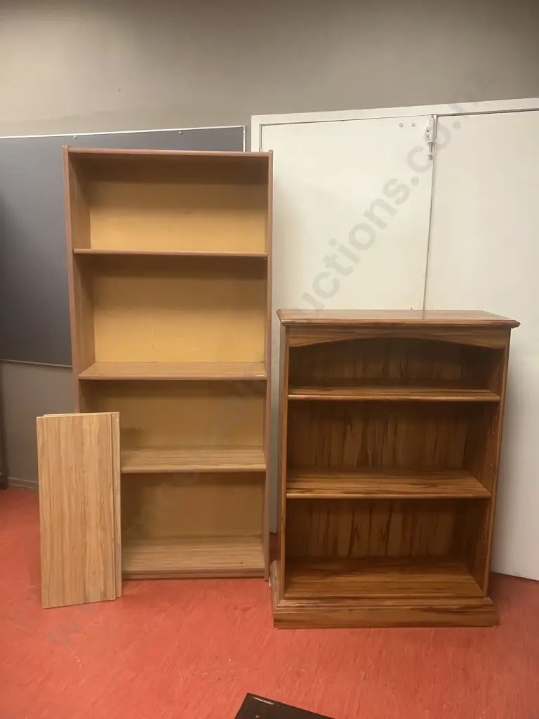 Pair of Rimu Effect Bookcases - 6 Shelf . H180 W80 D30.5cm & 4 Shelf (Loose Back). H120 W85 D32.5cm Image 1++