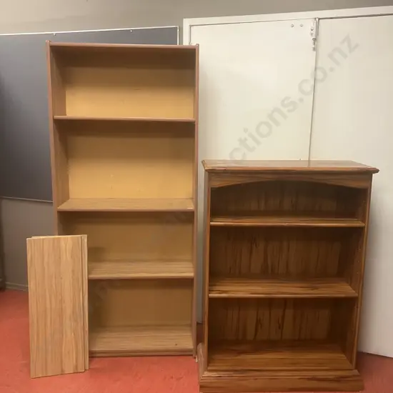 Pair of Rimu Effect Bookcases - 6 Shelf . H180 W80 D30.5cm & 4 Shelf (Loose Back). H120 W85 D32.5cm