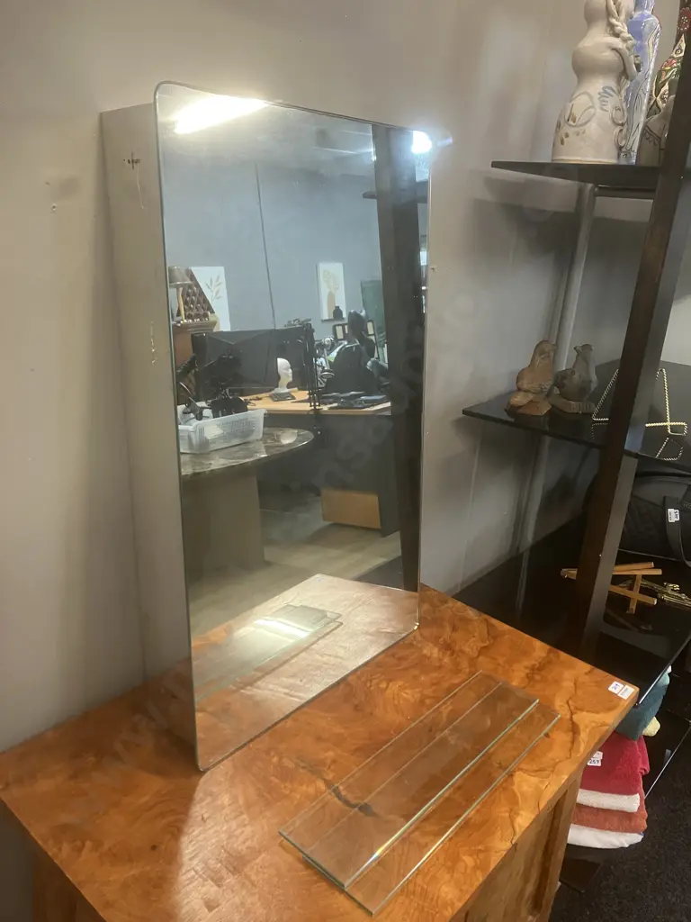 Wall Hung Bathroom Cabinet With Hinged Mirrored Door, 2 Glass Shelves. H70 W43 D11cm Image 1++