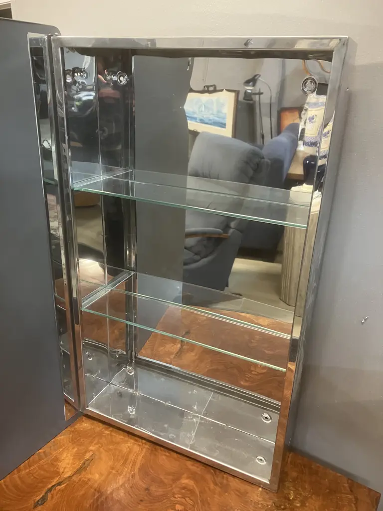 Wall Hung Bathroom Cabinet With Hinged Mirrored Door, 2 Glass Shelves. H70 W43 D11cm Image 1++