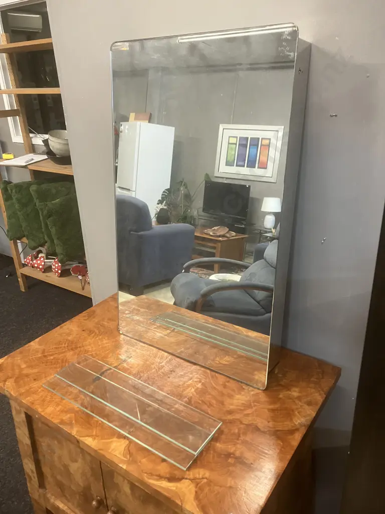 Wall Hung Bathroom Cabinet With Hinged Mirrored Door, 2 Glass Shelves. H70 W43 D11cm Image 1++