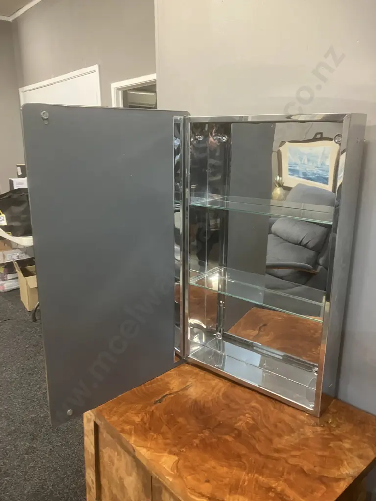 Wall Hung Bathroom Cabinet With Hinged Mirrored Door, 2 Glass Shelves. H70 W43 D11cm Image 1++