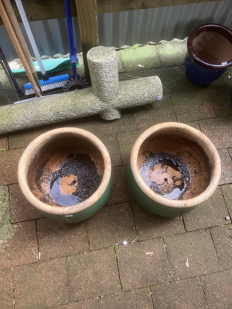 Pair of Green Glazed Terracotta Planters. 29 x 37cm Image 1++