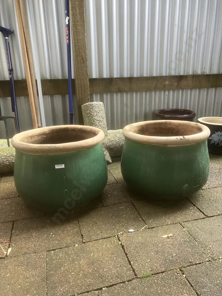 Pair of Green Glazed Terracotta Planters. 29 x 37cm Image 1++
