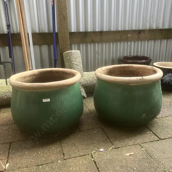 Pair of Green Glazed Terracotta Planters. 29 x 37cm