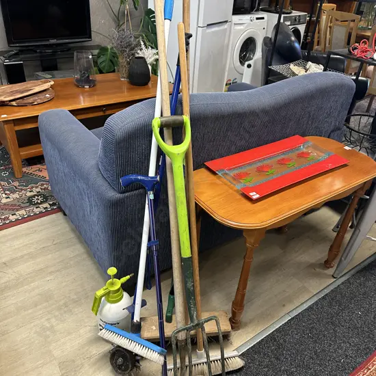Assorted Brooms, Garden Tools Etc