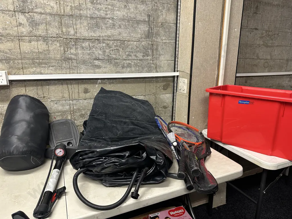 Selection Of Rackets, Airbed, Foot Pump & Sleeping Bag Image 1++