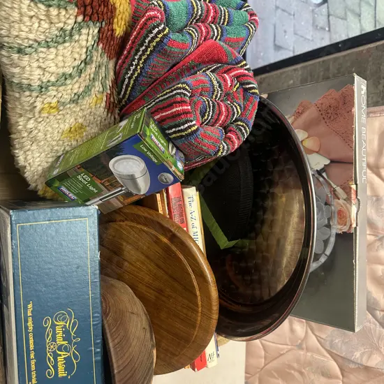 Box Lot Of Vintage Items Including Floor Rug, Towels, Trival Pursuit Etc
