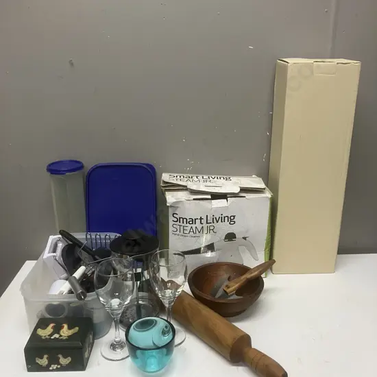 Box Lot Tupperware, Hand Steam Cleaner, Mitsubishi Bottle Pocket KlEZB3124, Wooden Ware Etc