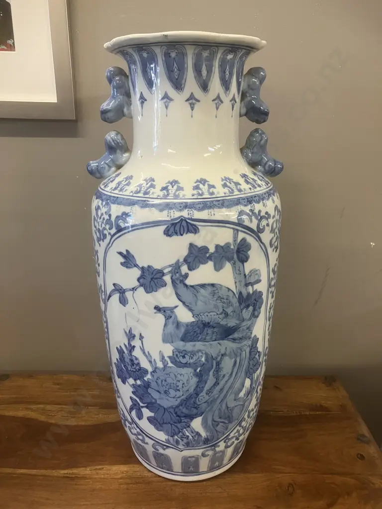 20th Century Large Chinese Blue & White Floor Vase With Birds On Branch Pattern, 'Foo Dog' Handles. H62cm Image 1++