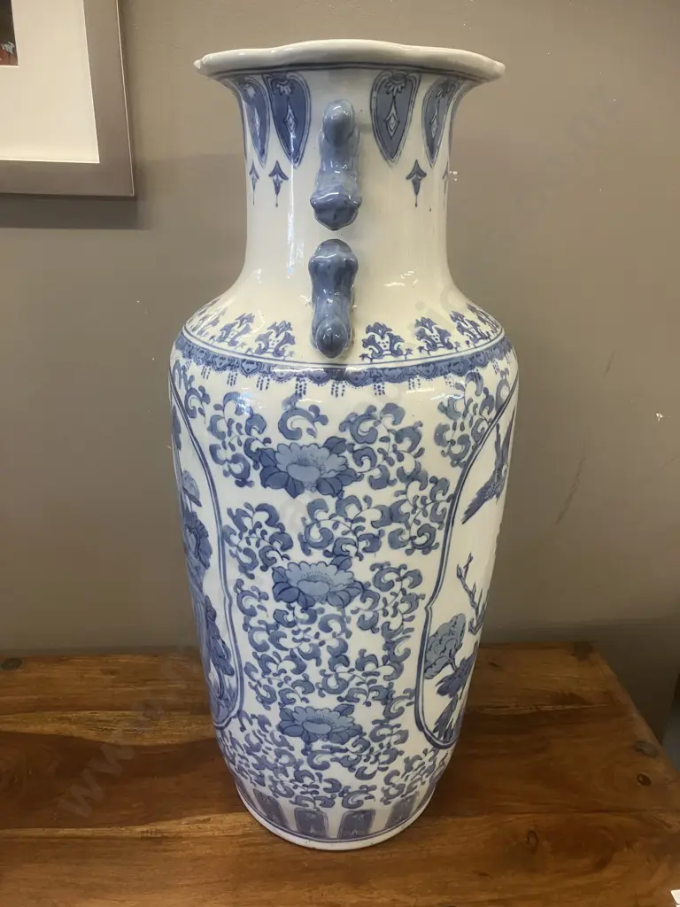 20th Century Large Chinese Blue & White Floor Vase With Birds On Branch Pattern, 'Foo Dog' Handles. H62cm Image 1++