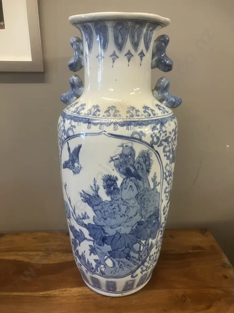 20th Century Large Chinese Blue & White Floor Vase With Birds On Branch Pattern, 'Foo Dog' Handles. H62cm Image 1++