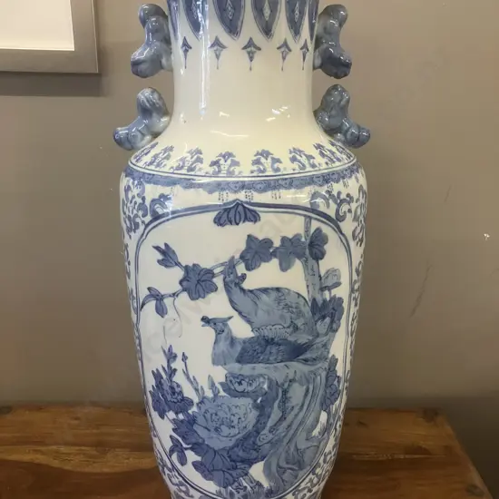 20th Century Large Chinese Blue & White Floor Vase With Birds On Branch Pattern, 'Foo Dog' Handles. H62cm