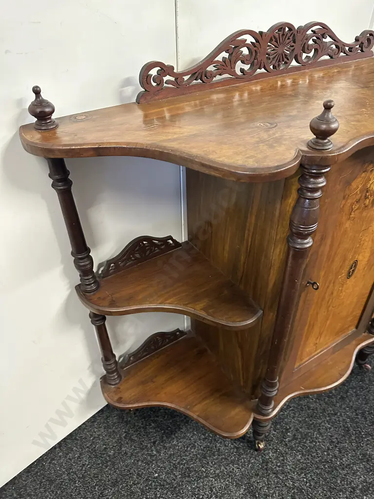 Victorian Walnut Burr & Marquetry Whatnot With Single Door, Pierced Fret Work On Castors With Key Image 1++