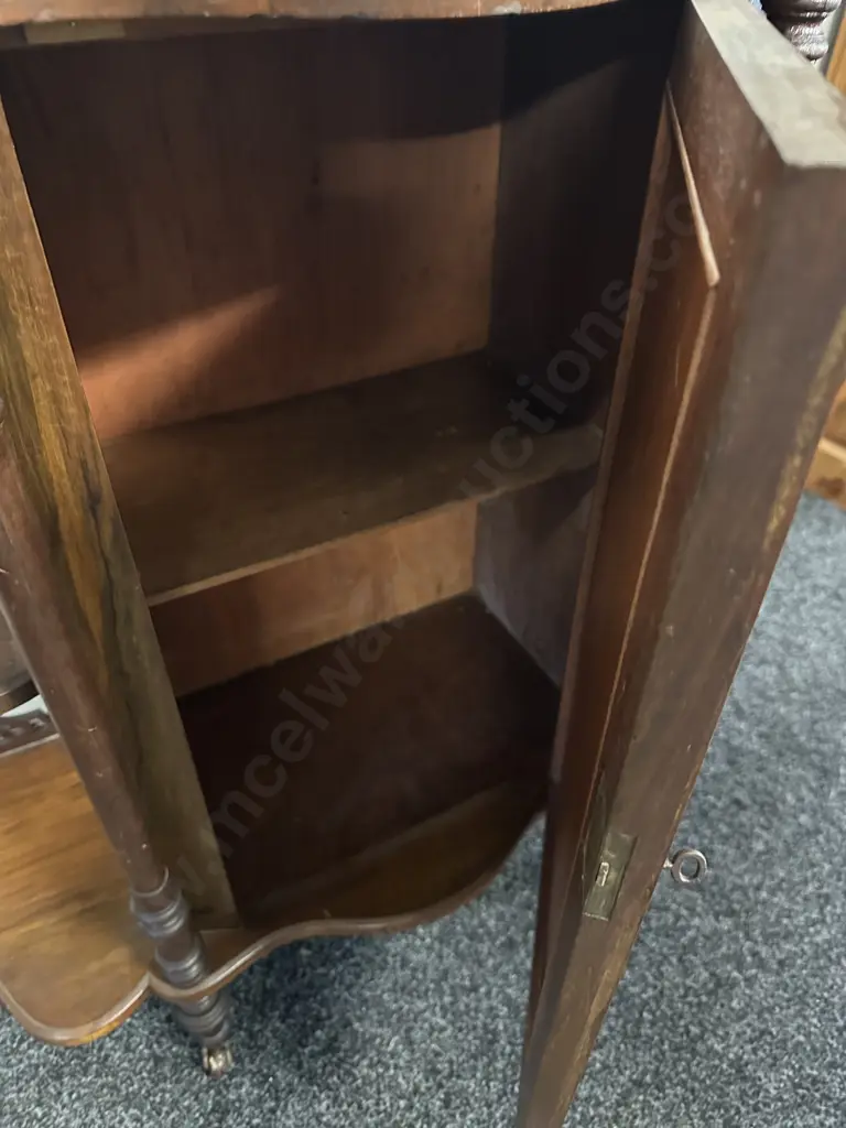Victorian Walnut Burr & Marquetry Whatnot With Single Door, Pierced Fret Work On Castors With Key Image 1++